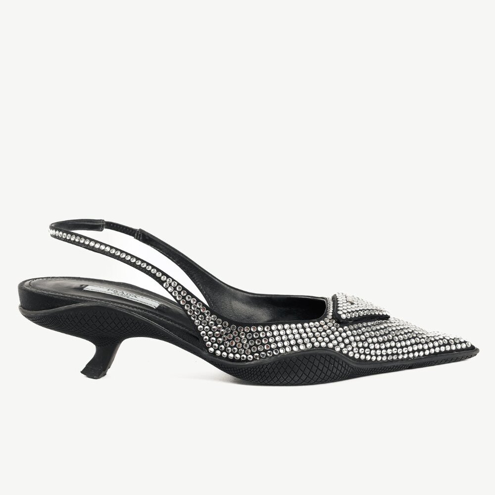 Prada Black Satin Crystal Sling-Back Pumps